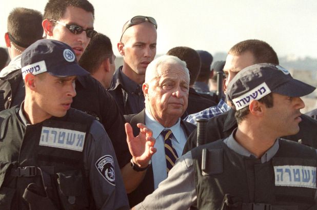 Ariel Sharon visits the Temple Mount on September 28, 2000.